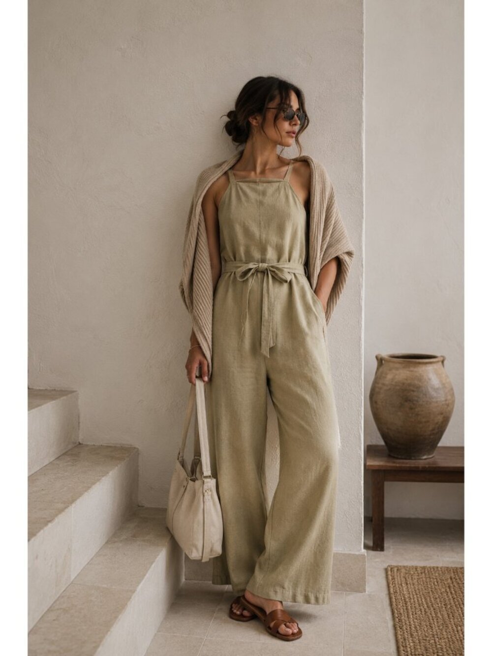 Mossimo Womens Linen Blend Jumpsuit XXL Tan Wide Leg Sleeveless Belted Casual